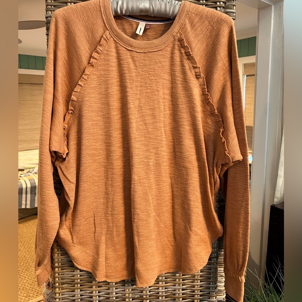 Pilcro by Anthropologie Long Sleeve Tee Shirt Burnt Orange Medium Ruffle
